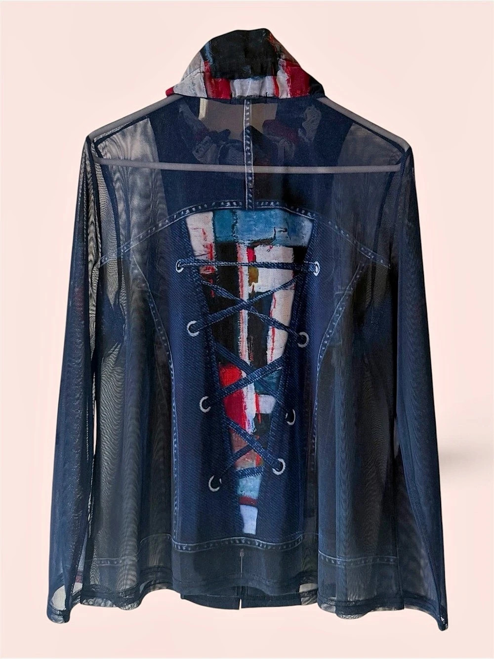 Women's Corset Graphic Mesh Zip Jacket in Blue & Red